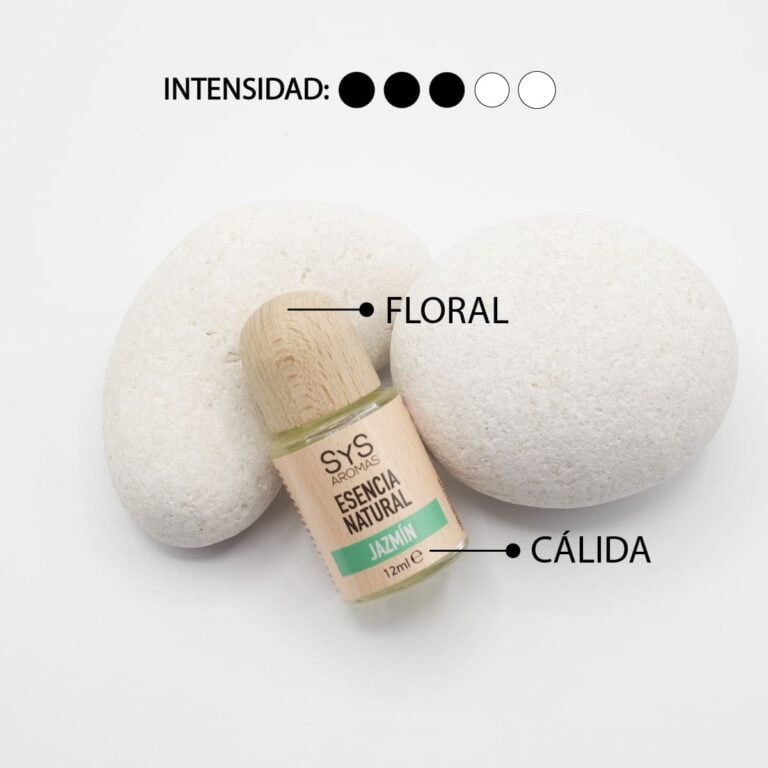 Esencia Jazmín 12ml SYS Aromas entre piedras blancas con aroma floral y cálido e intensidad tres de cinco