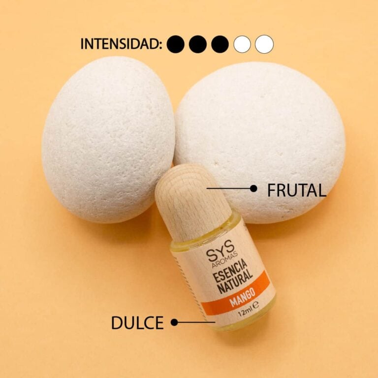 Esencia Mango 12ml SYS Aromas delante de dos piedras blancas con perfil frutal y dulce e intensidad tres de cinco