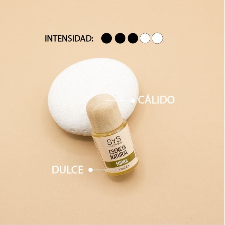 Esencia Mirra 12ml SYS Aromas junto a piedra blanca con perfil cálido y dulce e intensidad tres de cinco