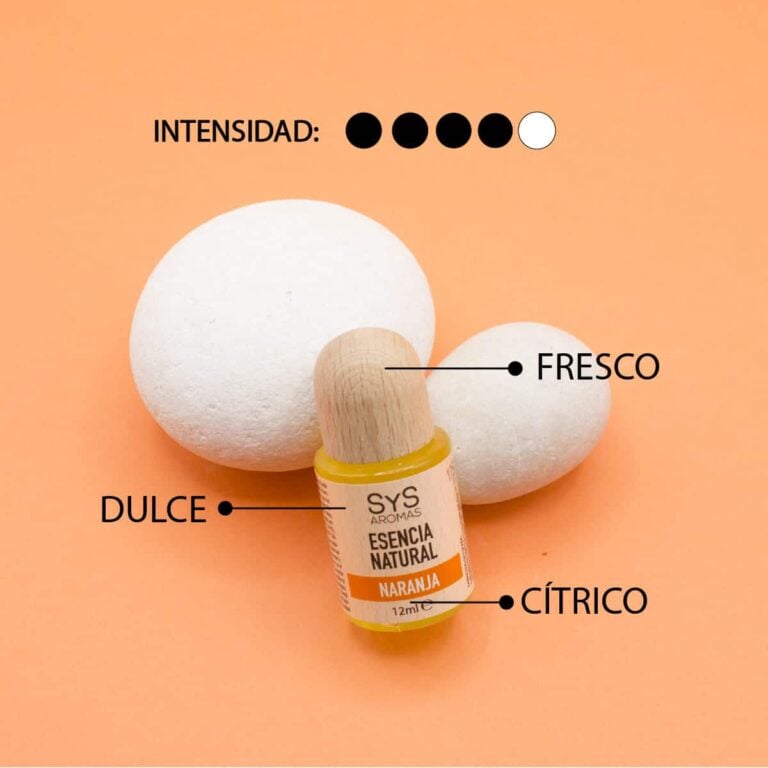 Esencia Naranja 12ml SYS Aromas delante de dos piedras blancas con perfil dulce fresco y cítrico e intensidad cuatro de cinco