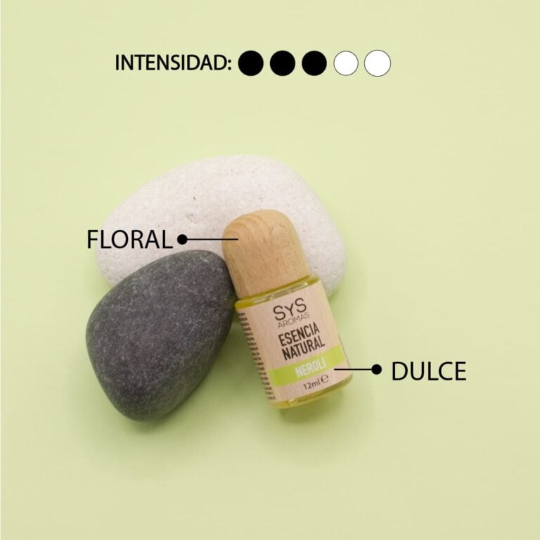 Esencia Neroli 12ml SYS Aromas junto a piedras con aroma floral y dulce e intensidad tres de cinco