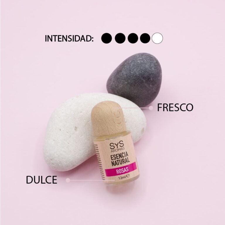 Esencia Rosas 12ml SYS Aromas entre una piedra blanca y otra gris con perfil fresco y dulce e intensidad cuatro de cinco