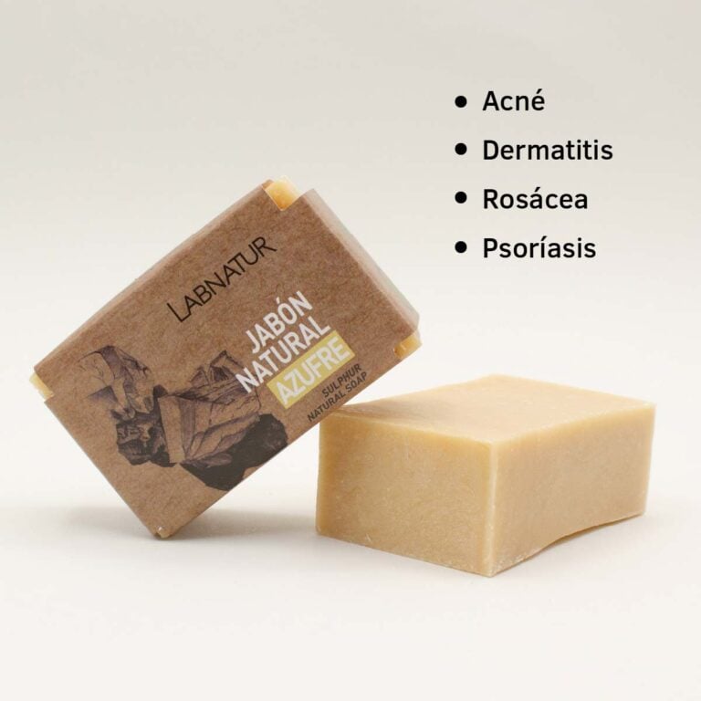 Jabón Natural Azufre 100g Labnatur con estuche y lista de indicaciones para acné, dermatitis, rosácea y psoriasis