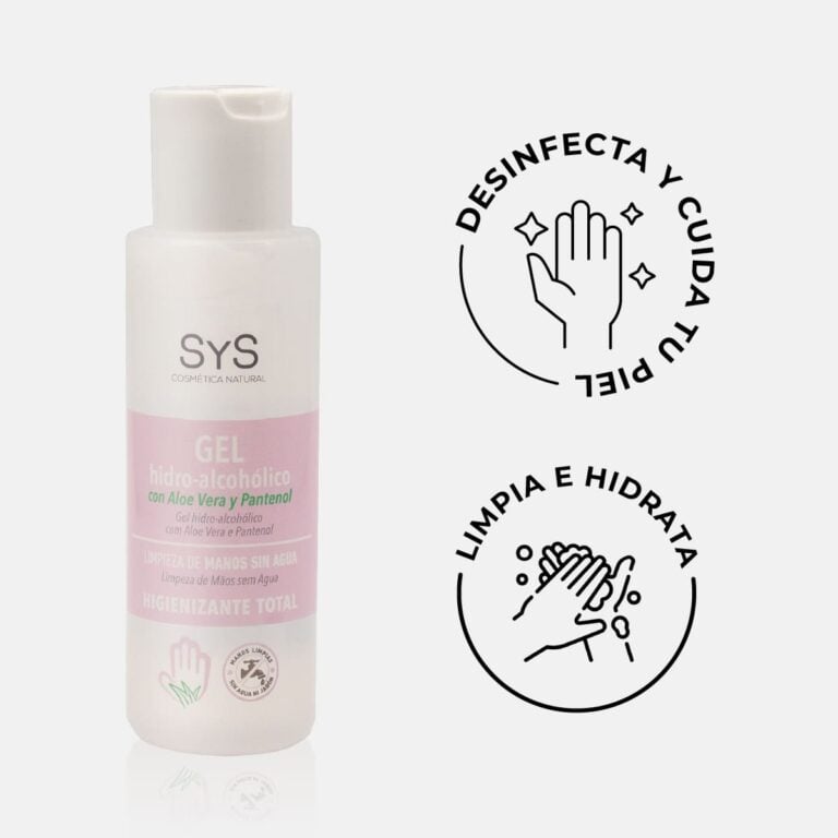 Gel hidroalcohólico Aloe Vera y Pantenol 100ml SYS con iconos de limpieza e hidratación de manos.