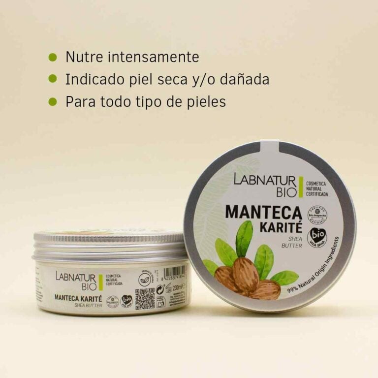 Dos envases de Manteca Corporal de Karité 230ml Labnatur Bio con indicaciones para piel seca o dañada