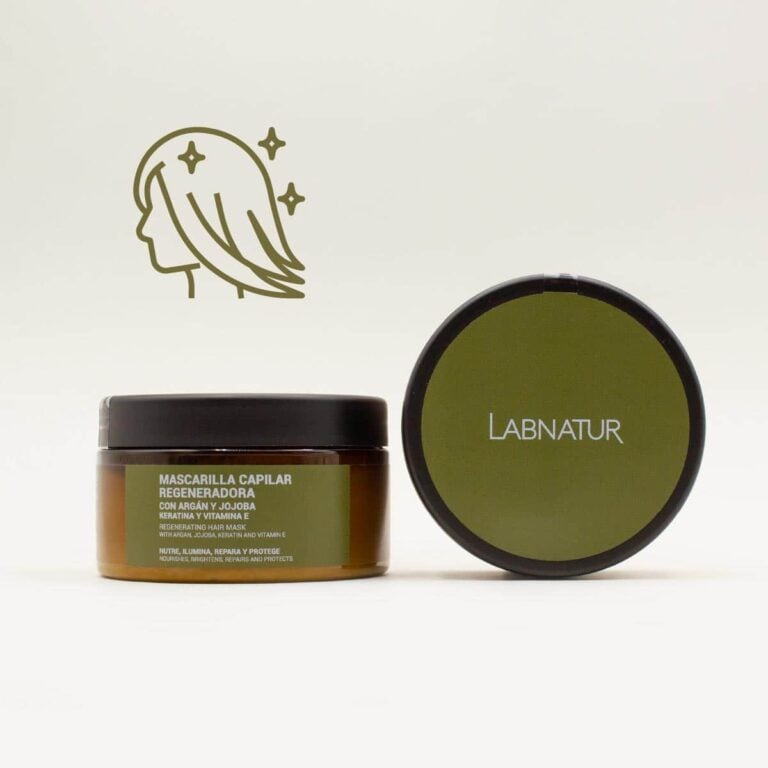 Mascarilla Capilar Argán y Jojoba con Keratina Labnatur junto a icono de cabello brillante y cuidado.