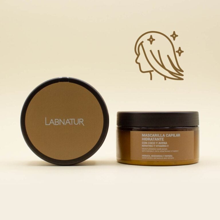 Mascarilla Capilar Coco y Avena con Keratina Labnatur junto a icono de cabello suave y brillante.