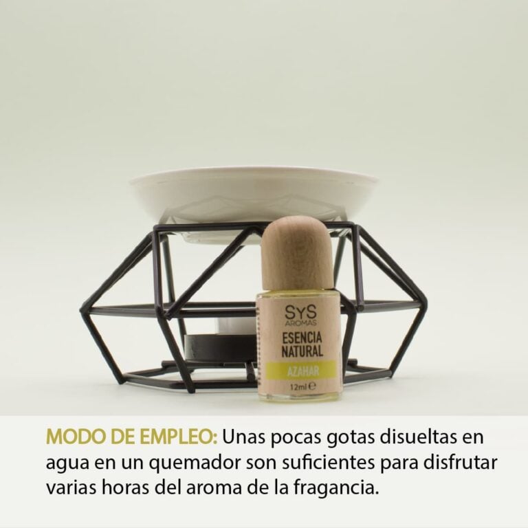 Esencia Azahar 12ml SYS Aromas junto a un quemador de esencias con instrucciones de uso