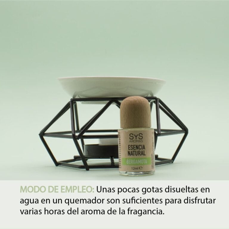 Esencia Bergamota 12ml SYS Aromas junto a un quemador de esencias con instrucciones de uso
