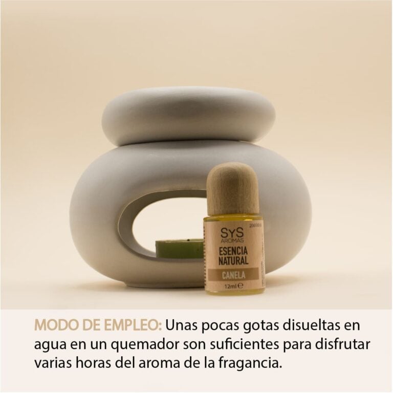 Esencia Canela 12ml SYS Aromas junto a un quemador de cerámica con instrucciones de uso