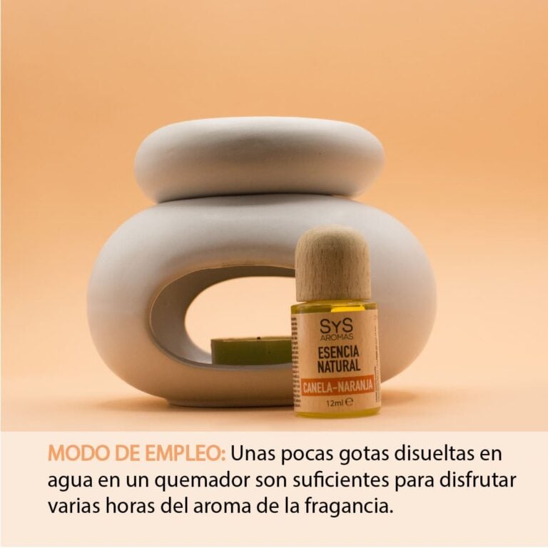 Esencia Canela-Naranja 12ml SYS Aromas junto a un quemador de cerámica con instrucciones de uso