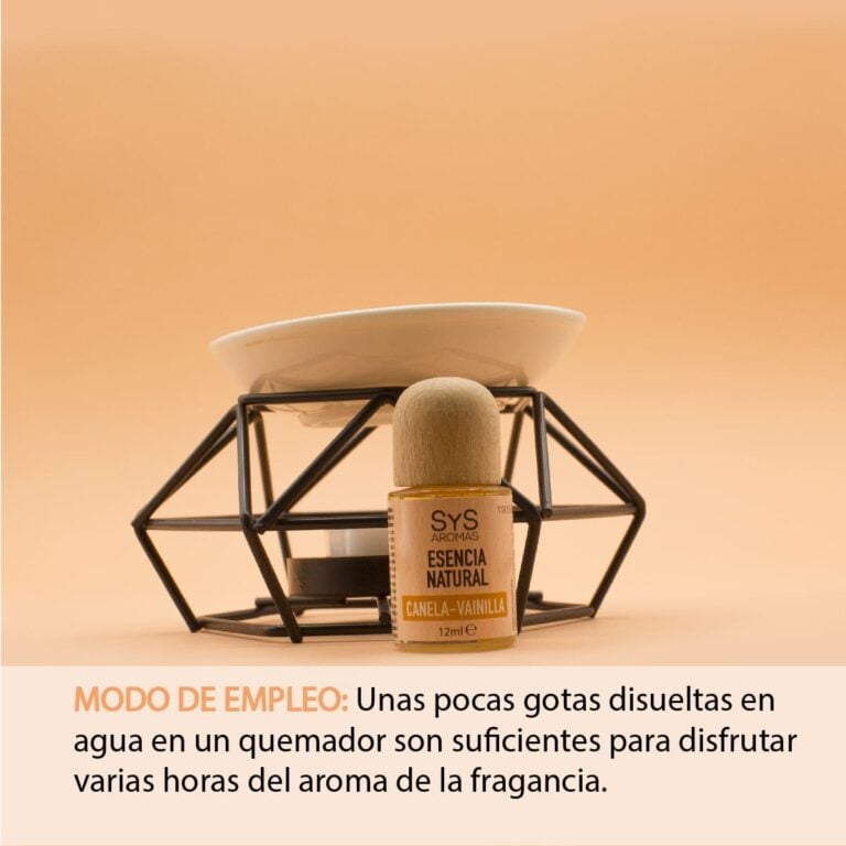 Esencia Canela-Vainilla 12ml SYS Aromas junto a un quemador con instrucciones de uso