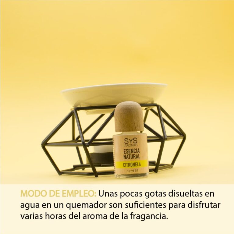 Esencia Citronela 12ml SYS Aromas junto a un quemador con recipiente de cerámica e instrucciones de uso