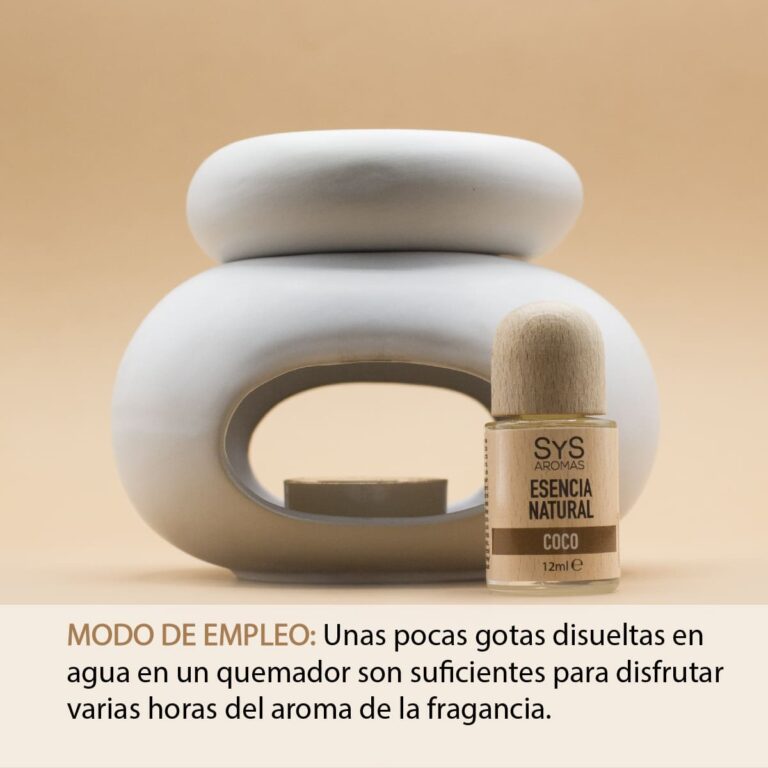 Esencia Coco 12ml SYS Aromas junto a un quemador de cerámica con instrucciones de uso