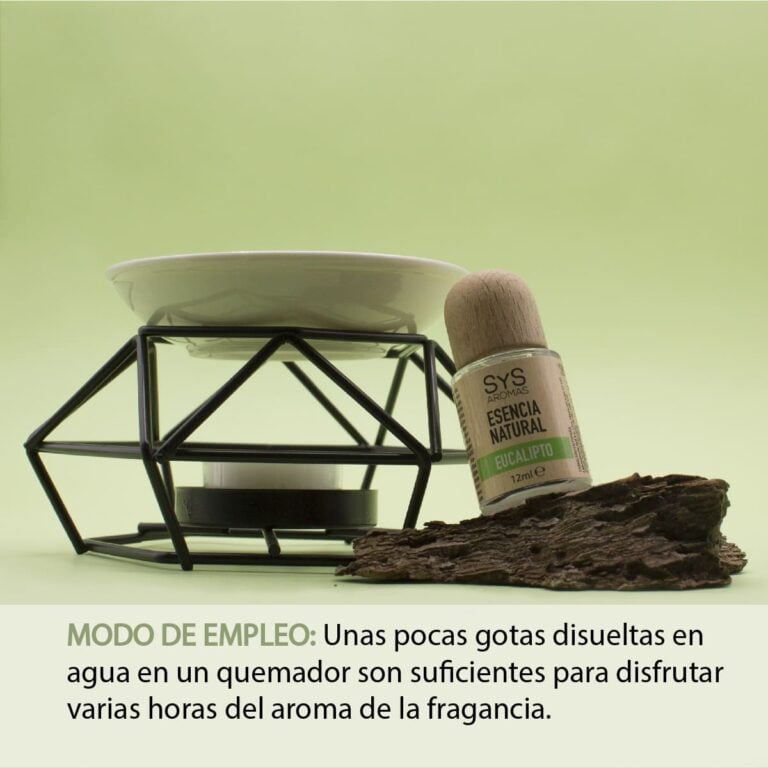 Esencia Eucalipto 12ml SYS Aromas junto a un quemador con recipiente de cerámica e instrucciones de uso