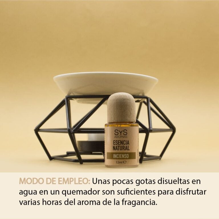 Esencia Incienso 12ml SYS Aromas junto a un quemador de esencias con instrucciones de uso