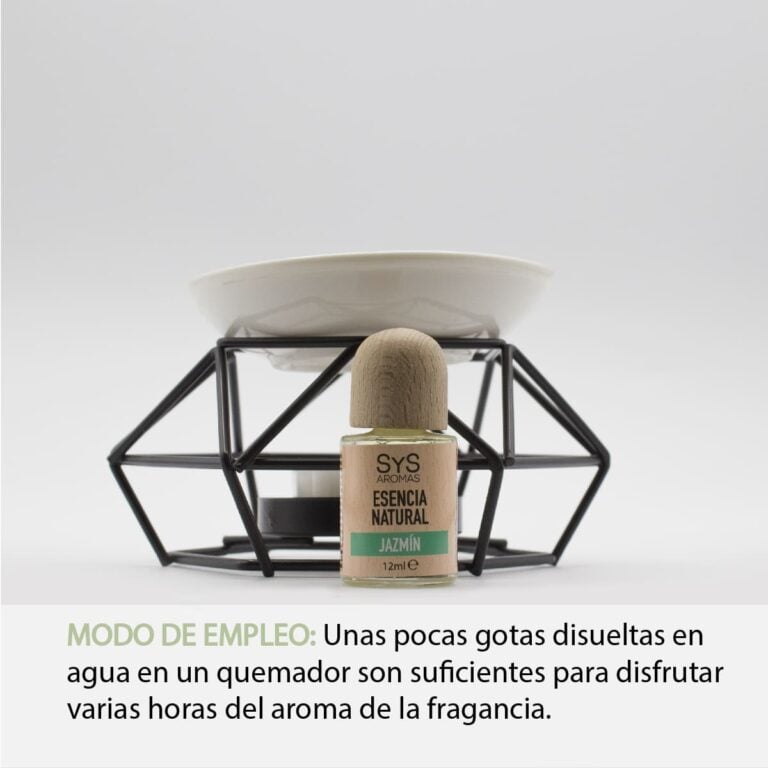 Esencia Jazmín 12ml SYS Aromas junto a un quemador con recipiente de cerámica e instrucciones de uso