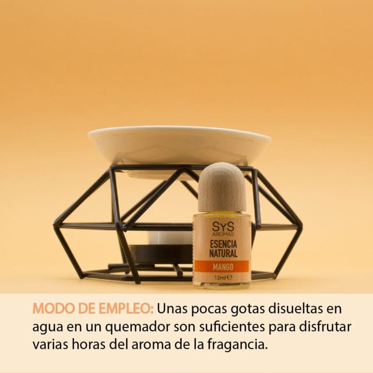 Esencia Mango 12ml SYS Aromas junto a un quemador metálico con recipiente de cerámica e instrucciones de uso