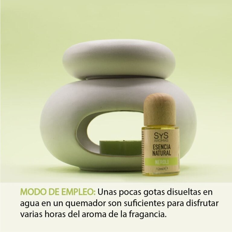 Esencia Neroli 12ml SYS Aromas junto a un quemador de cerámica con instrucciones de uso