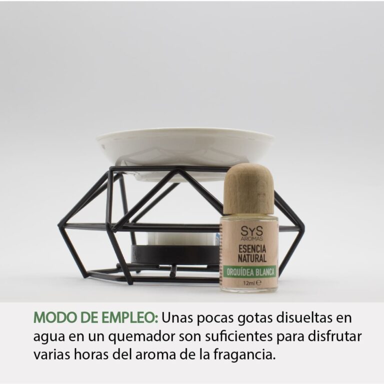 Esencia Orquídea Blanca 12ml SYS Aromas junto a un quemador metálico con recipiente de cerámica