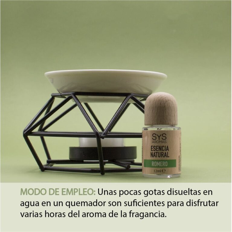 Esencia Romero 12ml SYS Aromas junto a un quemador metálico con recipiente de cerámica