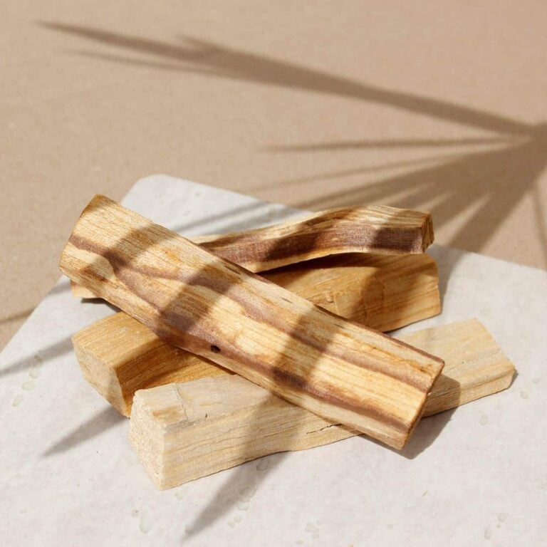 Palo Santo natural SYS Aromas 100g sobre piedra clara con luz solar y sombra de hojas