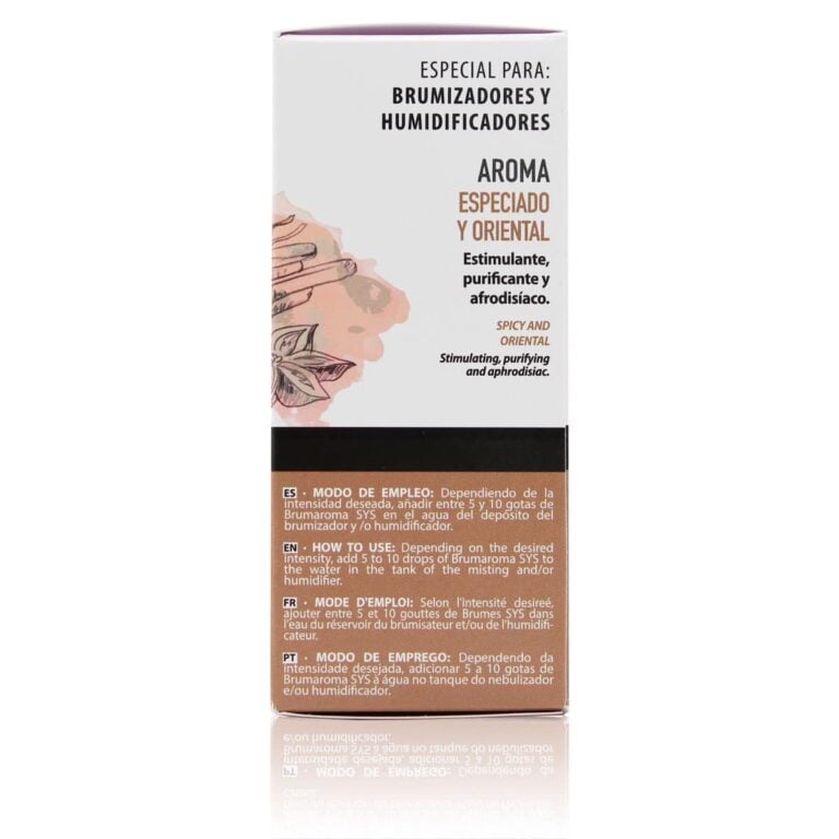 Lateral del envase de Esencia Hidrosoluble Canela 50ml SYS Aromas con información aromática y modo de empleo