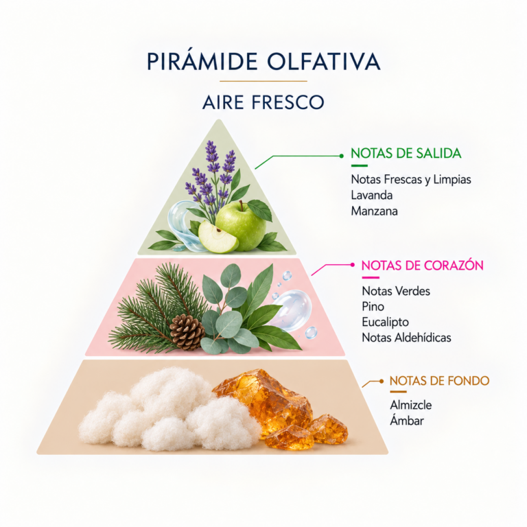 Pirámide olfativa del Ambientador Coche Aire Fresco 6 ml Gota SYS Aromas con notas frescas y limpias, lavanda, manzana, notas verdes, pino, eucalipto, notas aldehídicas, almizcle y ámbar.
