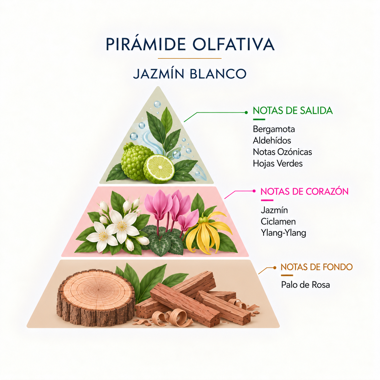 Texto alternativo: Pirámide olfativa del Ambientador Coche Jazmín Blanco 7 ml Style SYS Aromas con bergamota, aldehídos, notas ozónicas, hojas verdes, jazmín, ciclamen, ylang-ylang y palo de rosa.