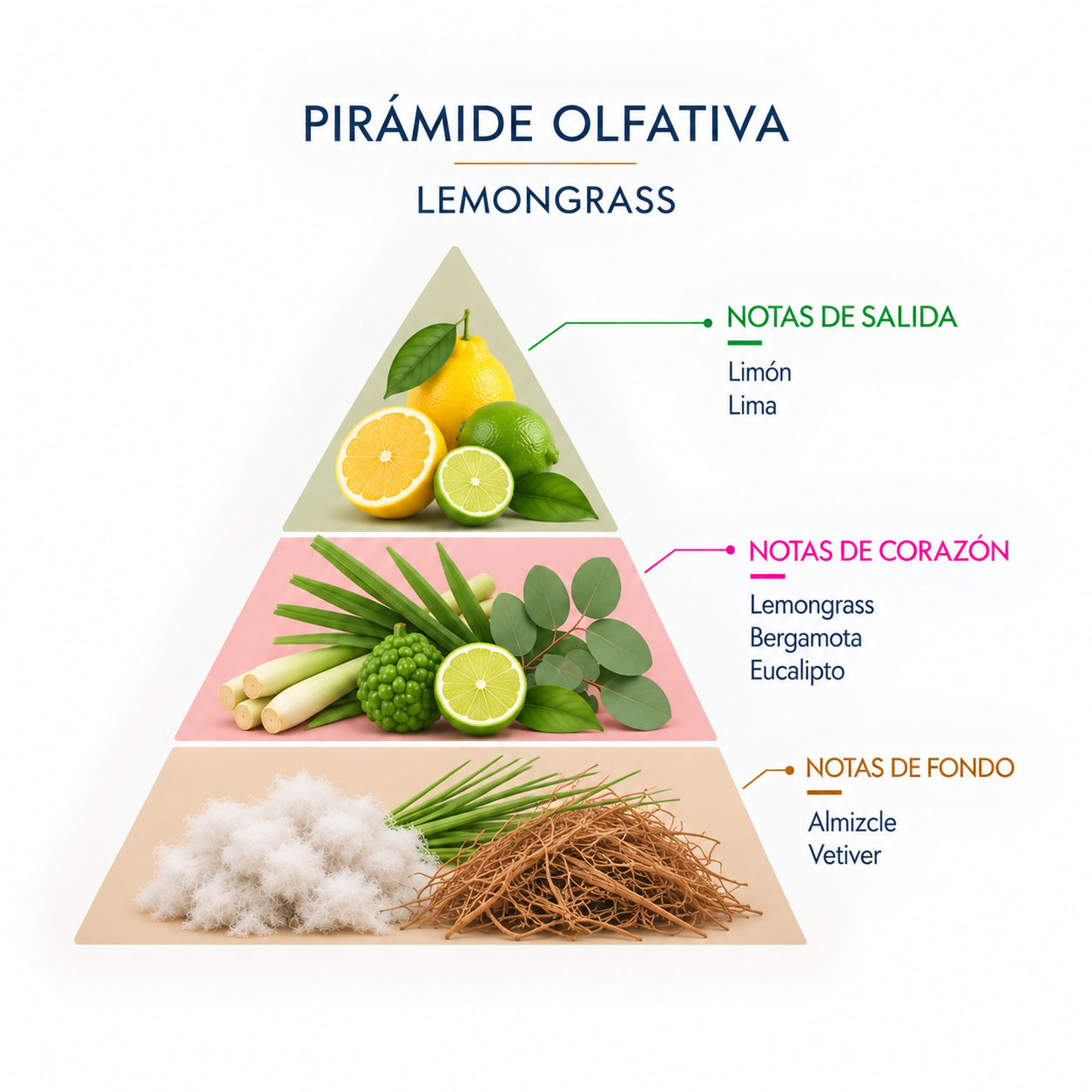 Pirámide olfativa del Ambientador Coche Lemongrass 6 ml Gota SYS Aromas con limón, lima, lemongrass, bergamota, eucalipto, almizcle y vetiver.