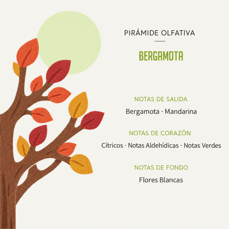 Pirámide olfativa del Ambientador Difusor Árbol Bergamota 90 ml SYS Aromas con bergamota, mandarina, cítricos, notas aldehídicas, notas verdes y flores blancas.