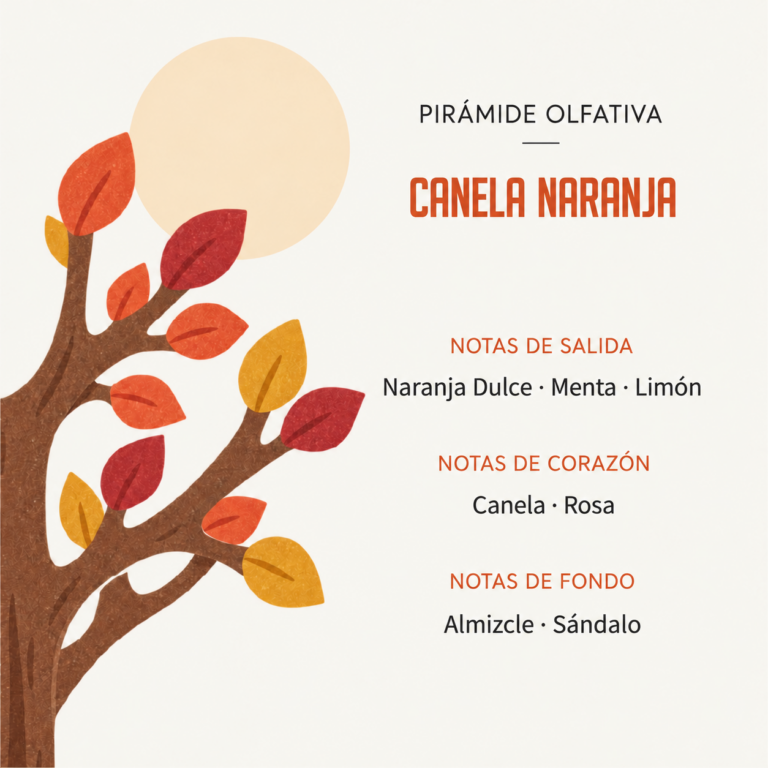 Pirámide olfativa del Ambientador Difusor Árbol Canela Naranja 90 ml SYS Aromas con notas de salida de naranja dulce, menta y limón, corazón de canela y rosa, y fondo de almizcle y sándalo.