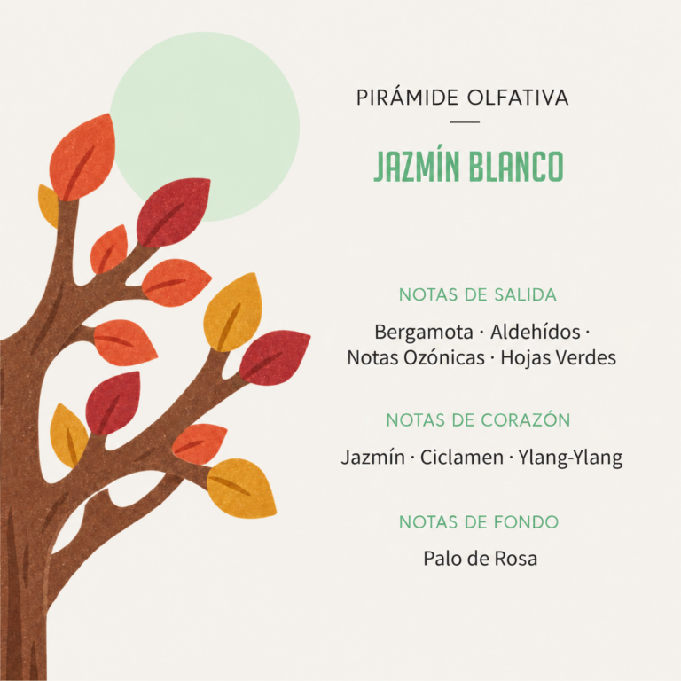 Pirámide olfativa del Ambientador Difusor Árbol Jazmín Blanco 90 ml SYS Aromas con notas de salida de bergamota, aldehídos, notas ozónicas y hojas verdes, corazón de jazmín, ciclamen e ylang-ylang, y fondo de palo de rosa.