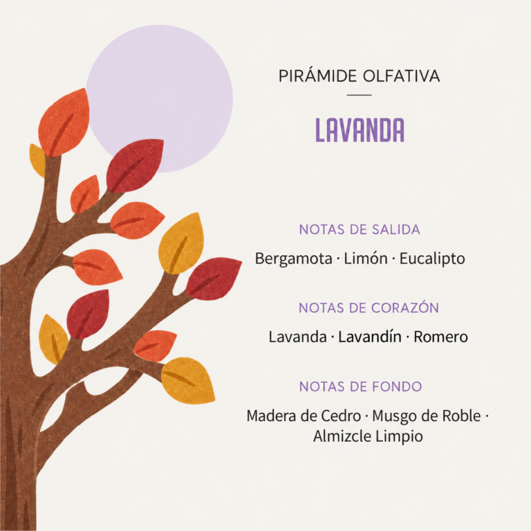 Pirámide olfativa del Ambientador Difusor Árbol Lavanda 90 ml SYS Aromas con bergamota, limón, eucalipto, lavanda, lavandín, romero, madera de cedro, musgo de roble y almizcle limpio.