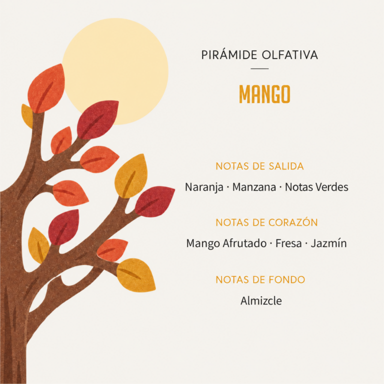 Pirámide olfativa del Ambientador Difusor Árbol Mango 90 ml SYS Aromas con naranja, manzana, notas verdes, mango afrutado, fresa, jazmín y almizcle.