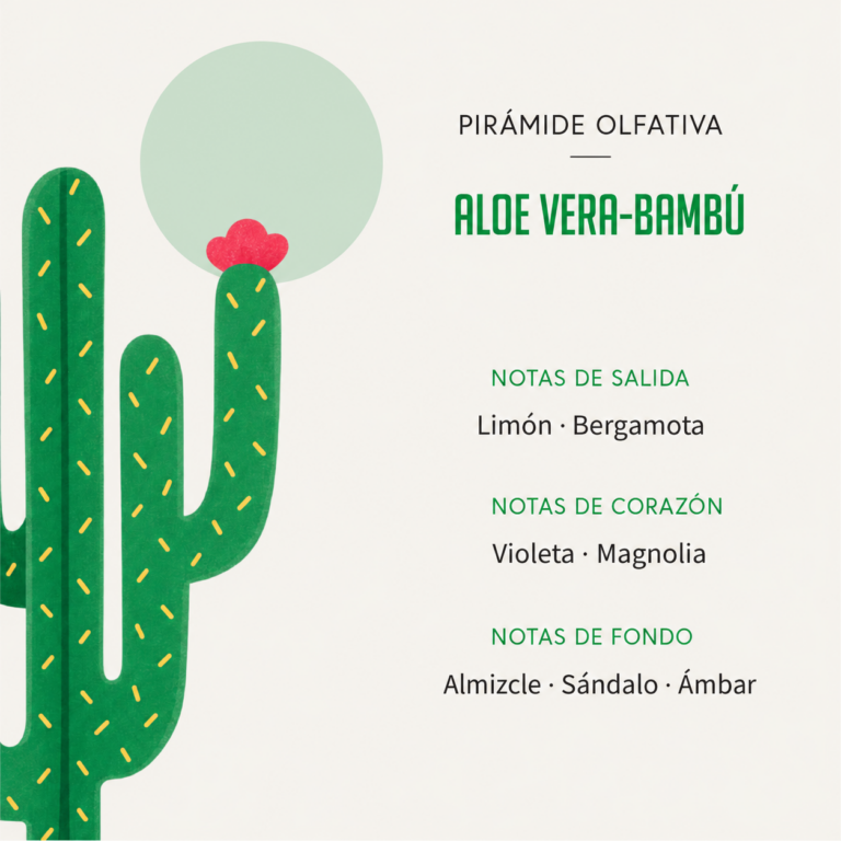 Pirámide olfativa del Ambientador Difusor Cactus Aloe Vera-Bambú 90 ml SYS Aromas con limón, bergamota, violeta, magnolia, almizcle, sándalo y ámbar.