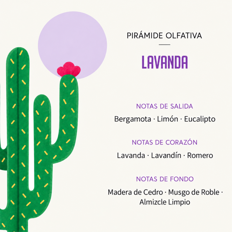 Pirámide olfativa del Ambientador Difusor Cactus Lavanda 90 ml SYS Aromas con notas de bergamota, limón, eucalipto, lavanda, lavandín, romero, madera de cedro, musgo de roble y almizcle limpio.