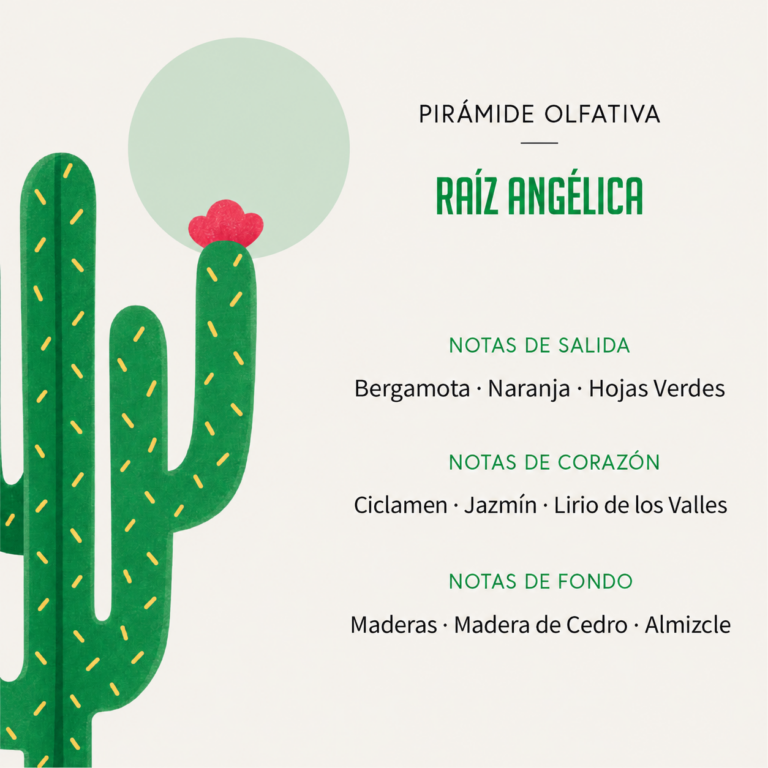 Pirámide olfativa del Ambientador Difusor Cactus Raíz Angélica 90 ml SYS Aromas con bergamota, naranja, hojas verdes, ciclamen, jazmín, lirio de los valles, maderas, madera de cedro y almizcle.