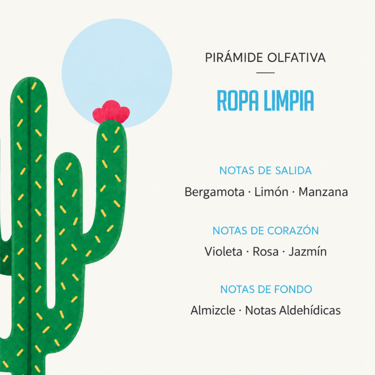 Pirámide olfativa del Ambientador Difusor Cactus Ropa Limpia 90 ml SYS Aromas con notas de bergamota, limón, manzana, violeta, rosa, jazmín, almizcle y notas aldehídicas.
