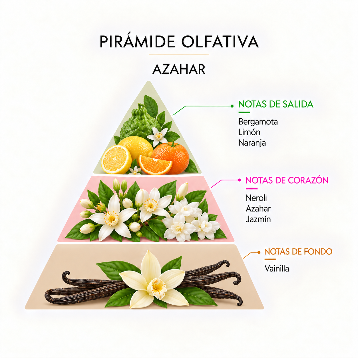 Pirámide olfativa del Ambientador Mikado Azahar 100 ml Mármol SYS Aromas con bergamota, limón, naranja, neroli, azahar, jazmín y vainilla.