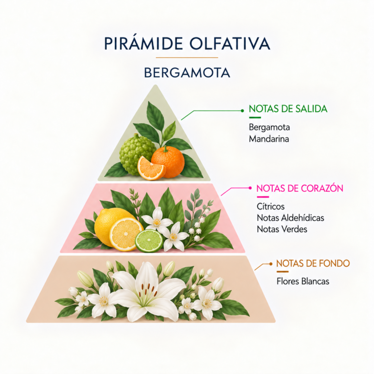 Pirámide olfativa del Ambientador Mikado Bergamota 100 ml SYS Aromas con bergamota, mandarina, cítricos, notas aldehídicas, notas verdes y flores blancas.