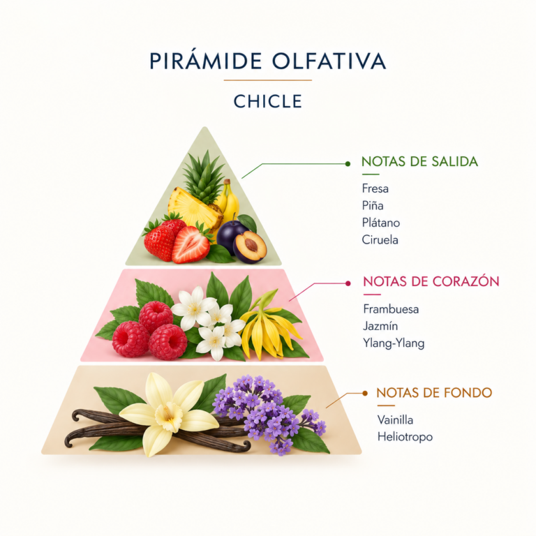 Pirámide olfativa del Ambientador Mikado Chicle 220 ml SYS Aromas con fresa, piña, plátano, ciruela, frambuesa, jazmín, ylang-ylang, vainilla y heliotropo.
