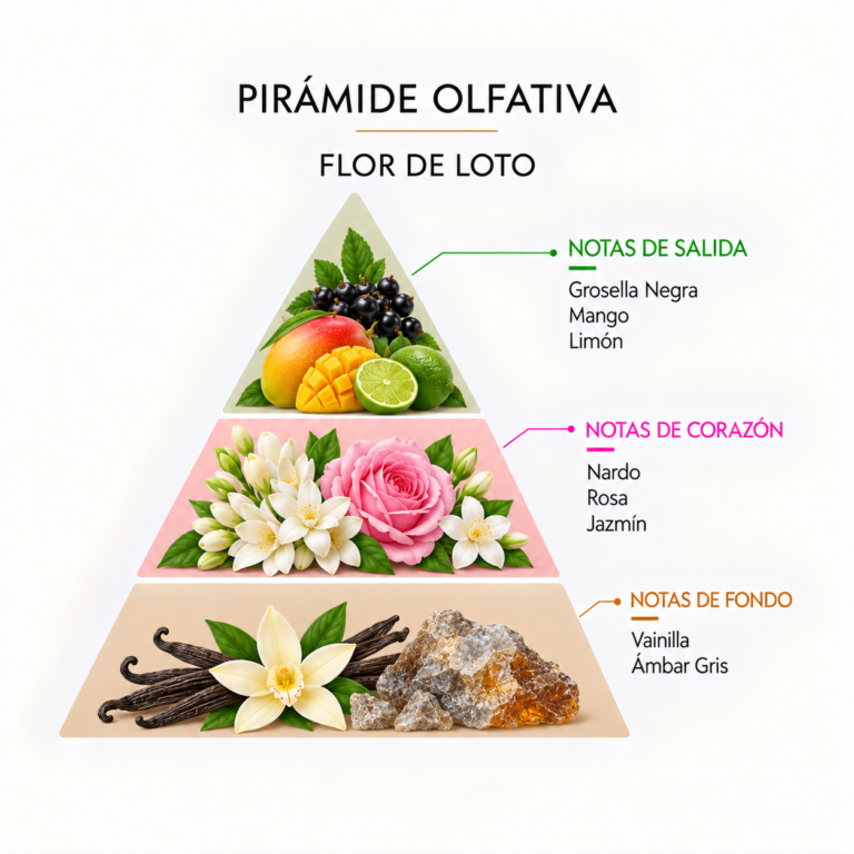 Pirámide olfativa del Ambientador Mikado Flor de Loto 220 ml Mármol SYS Aromas con grosella negra, mango, limón, nardo, rosa, jazmín, vainilla y ámbar gris.