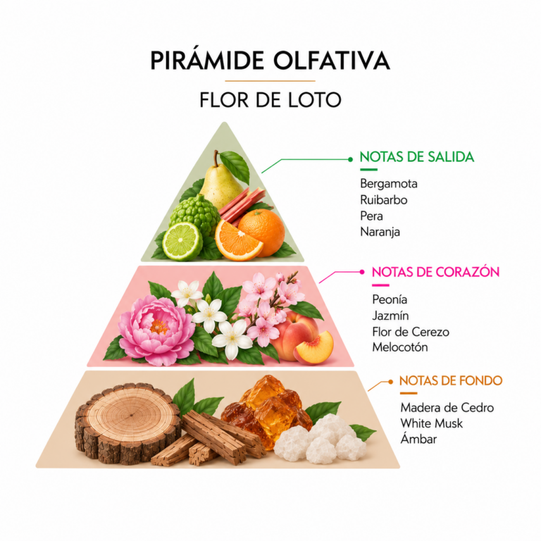 Pirámide olfativa del Ambientador Mikado Flor de Loto 220 ml SYS Aromas con bergamota, ruibarbo, pera, naranja, peonía, jazmín, flor de cerezo, melocotón, cedro, white musk y ámbar.