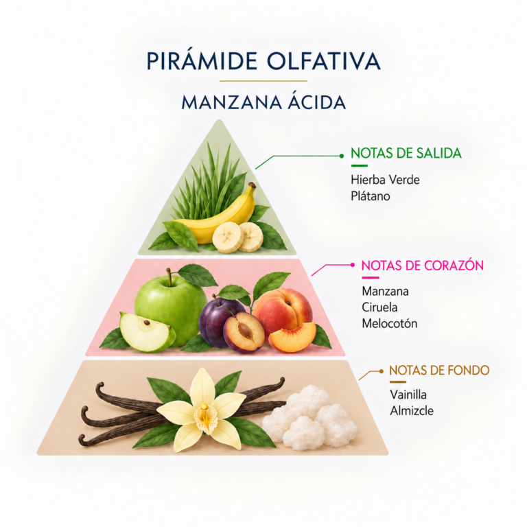 Pirámide olfativa del Ambientador Mikado Manzana Ácida 100 ml SYS Aromas con hierba verde, plátano, manzana, ciruela, melocotón, vainilla y almizcle.