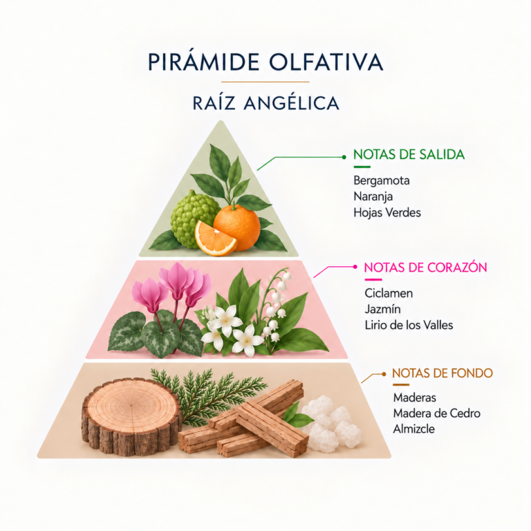 Pirámide olfativa del Ambientador Mikado Raíz Angélica 100 ml SYS Aromas con bergamota, naranja, hojas verdes, ciclamen, jazmín, lirio de los valles, maderas, cedro y almizcle.