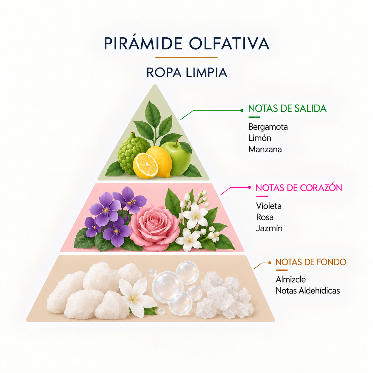 Pirámide olfativa del Ambientador Mikado Ropa Limpia 100 ml SYS Aromas con notas de salida de bergamota, limón y manzana; corazón de violeta, rosa y jazmín; y fondo de almizcle y notas aldehídicas.