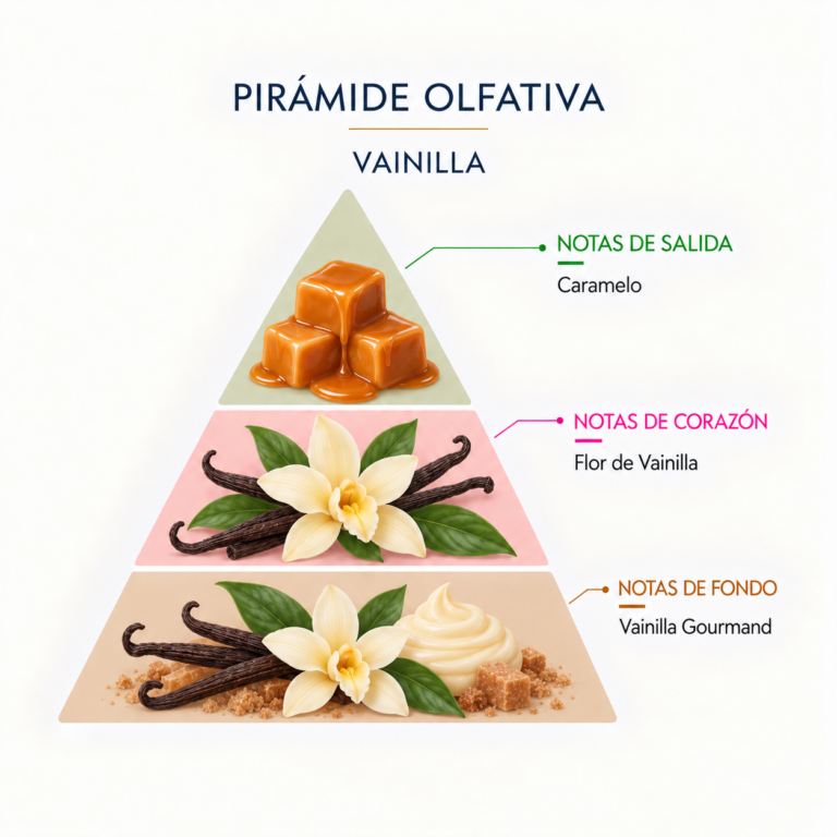 Pirámide olfativa del Ambientador Mikado Vainilla 100 ml SYS Aromas con caramelo, flor de vainilla y vainilla gourmand.