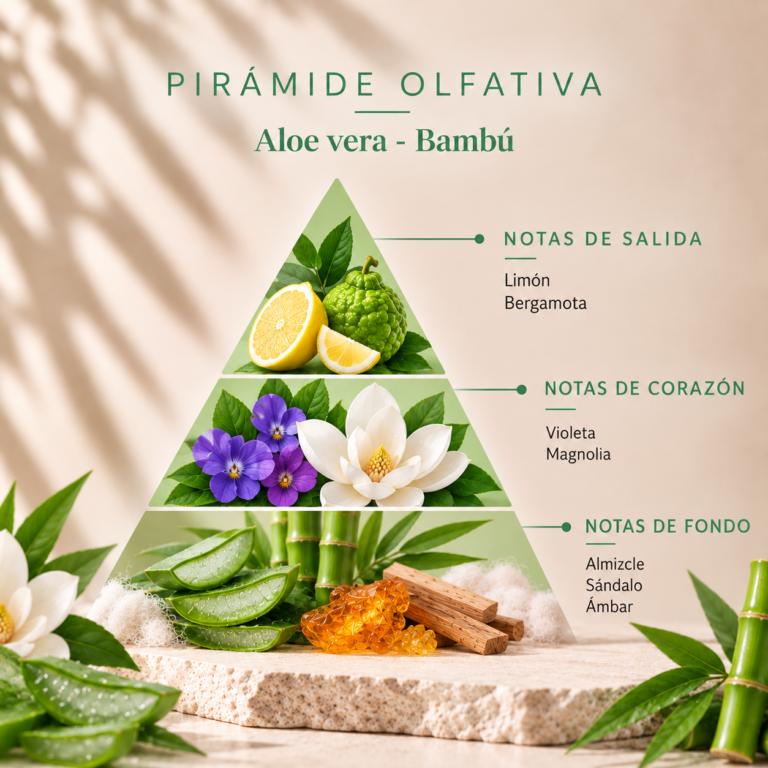Pirámide olfativa del Ambientador Pulverizador Aloe Vera-Bambú 100 ml SYS Aromas con limón, bergamota, violeta, magnolia, almizcle, sándalo y ámbar.