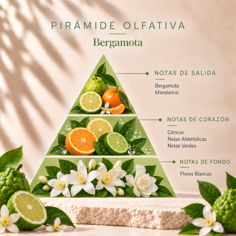 Pirámide olfativa del Ambientador Pulverizador Bergamota 100 ml SYS Aromas con bergamota, mandarina, cítricos, notas aldehídicas, notas verdes y flores blancas.